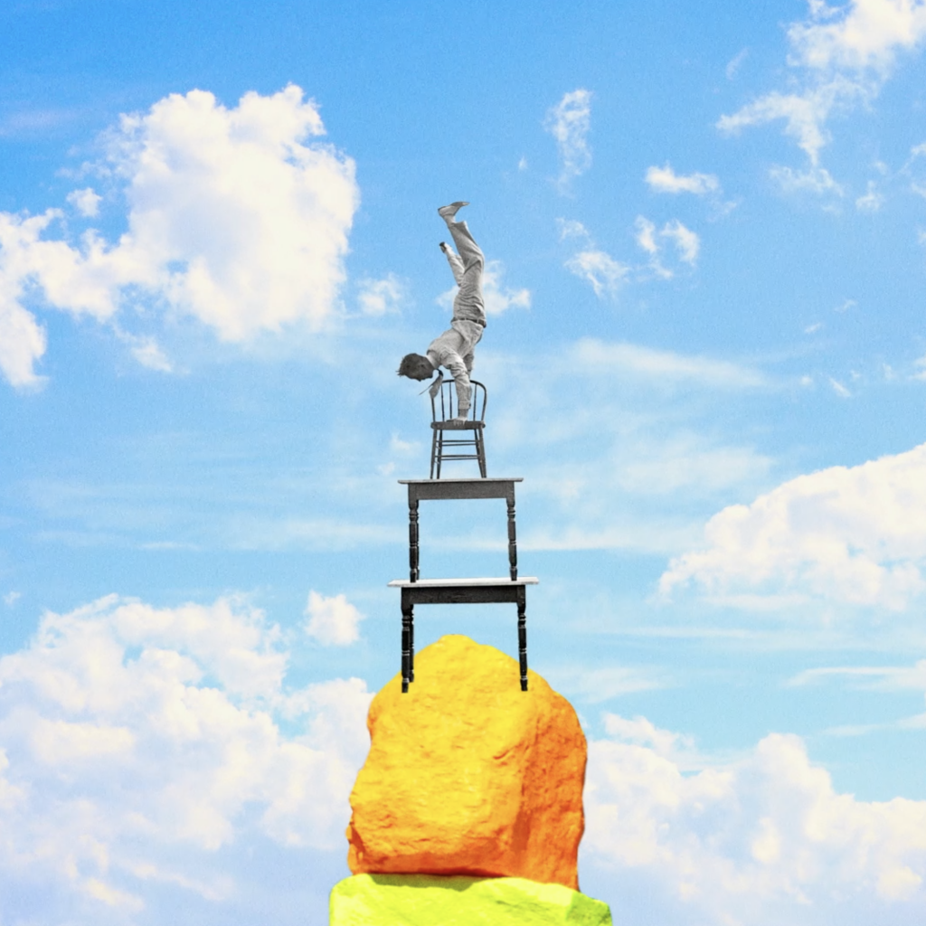 man balancing on chair collage animation