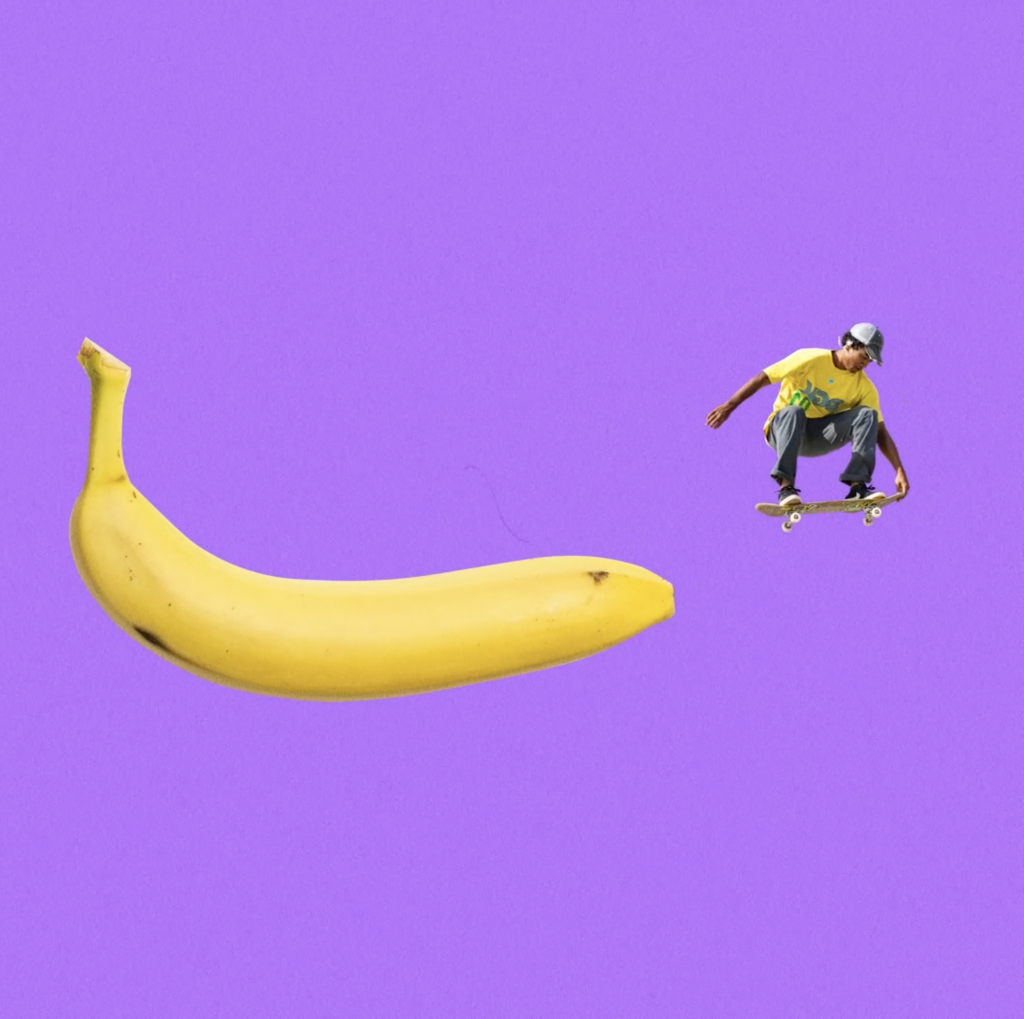 skateboard skating on fruit collage animation